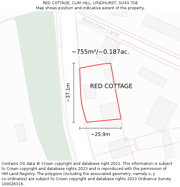 RED COTTAGE, CLAY HILL, LYNDHURST, SO43 7DE: Plot and title map