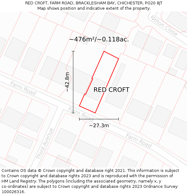 RED CROFT, FARM ROAD, BRACKLESHAM BAY, CHICHESTER, PO20 8JT: Plot and title map