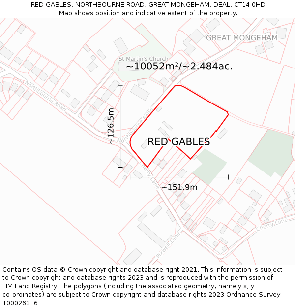 RED GABLES, NORTHBOURNE ROAD, GREAT MONGEHAM, DEAL, CT14 0HD: Plot and title map