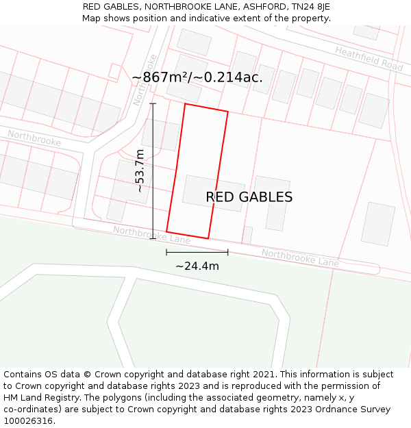 RED GABLES, NORTHBROOKE LANE, ASHFORD, TN24 8JE: Plot and title map