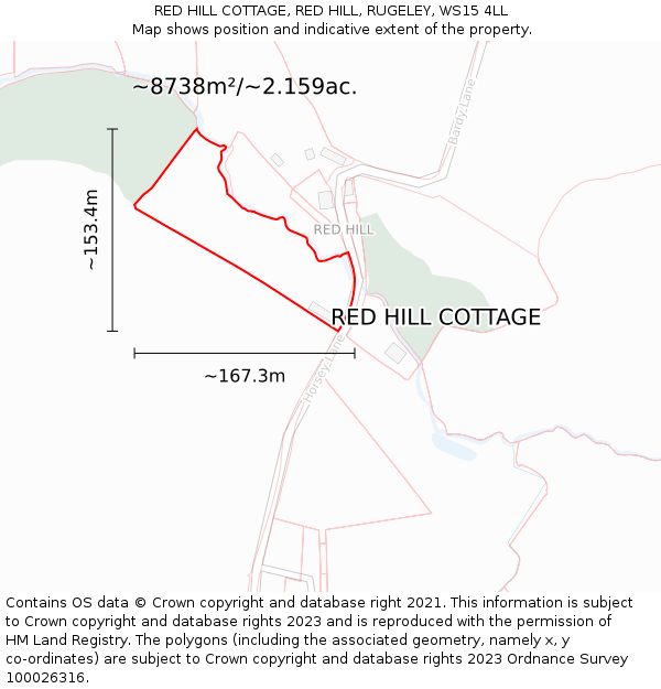 RED HILL COTTAGE, RED HILL, RUGELEY, WS15 4LL: Plot and title map