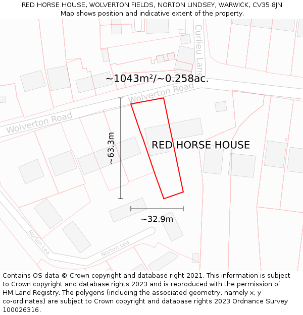RED HORSE HOUSE, WOLVERTON FIELDS, NORTON LINDSEY, WARWICK, CV35 8JN: Plot and title map