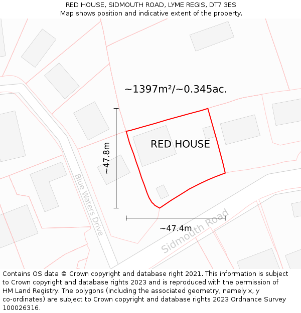 RED HOUSE, SIDMOUTH ROAD, LYME REGIS, DT7 3ES: Plot and title map