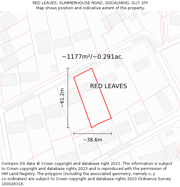 RED LEAVES, SUMMERHOUSE ROAD, GODALMING, GU7 1PY: Plot and title map