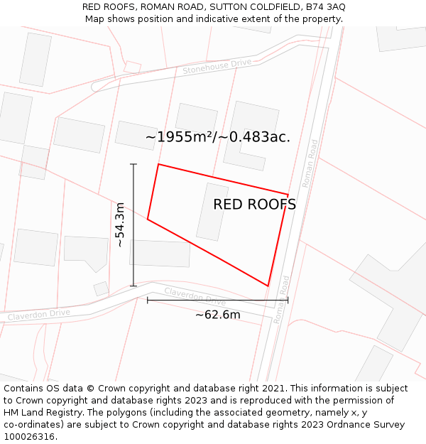 RED ROOFS, ROMAN ROAD, SUTTON COLDFIELD, B74 3AQ: Plot and title map