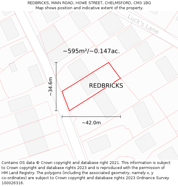 REDBRICKS, MAIN ROAD, HOWE STREET, CHELMSFORD, CM3 1BG: Plot and title map