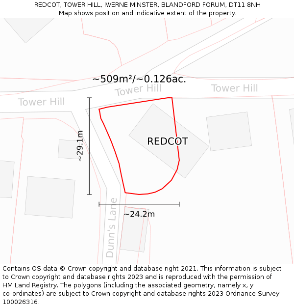 REDCOT, TOWER HILL, IWERNE MINSTER, BLANDFORD FORUM, DT11 8NH: Plot and title map