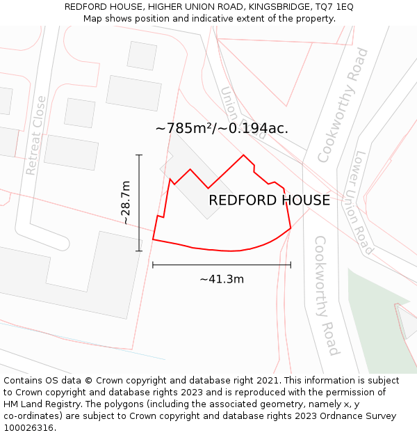 REDFORD HOUSE, HIGHER UNION ROAD, KINGSBRIDGE, TQ7 1EQ: Plot and title map