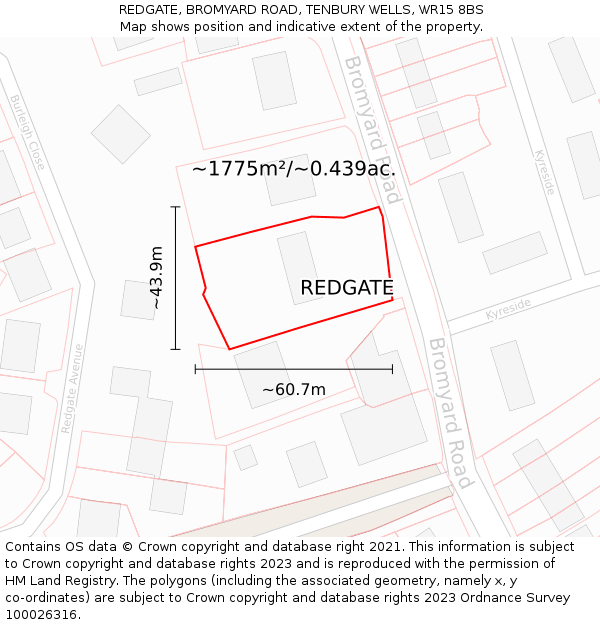 REDGATE, BROMYARD ROAD, TENBURY WELLS, WR15 8BS: Plot and title map