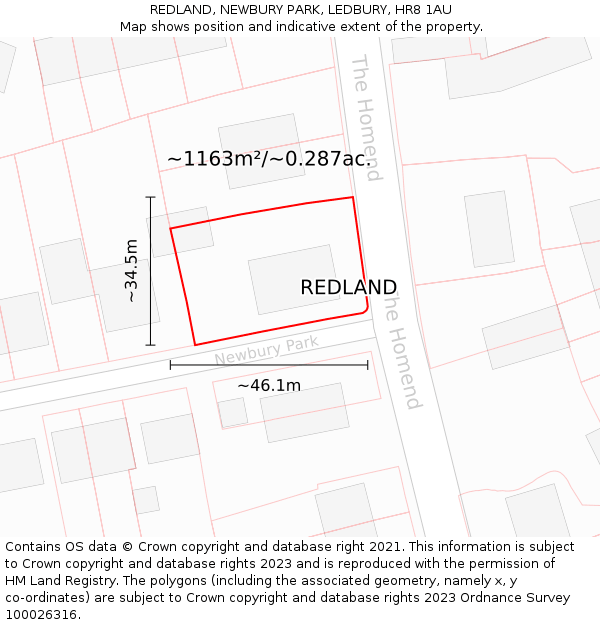 REDLAND, NEWBURY PARK, LEDBURY, HR8 1AU: Plot and title map