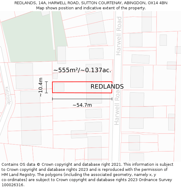 REDLANDS, 14A, HARWELL ROAD, SUTTON COURTENAY, ABINGDON, OX14 4BN: Plot and title map