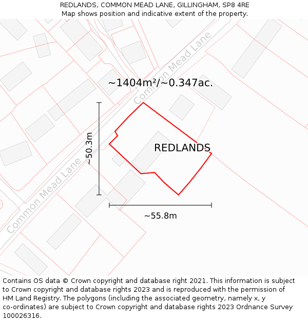 REDLANDS, COMMON MEAD LANE, GILLINGHAM, SP8 4RE: Plot and title map
