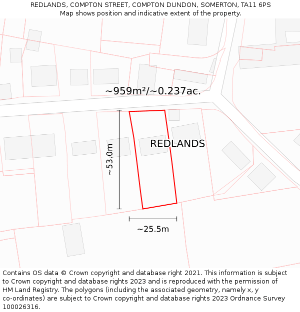 REDLANDS, COMPTON STREET, COMPTON DUNDON, SOMERTON, TA11 6PS: Plot and title map