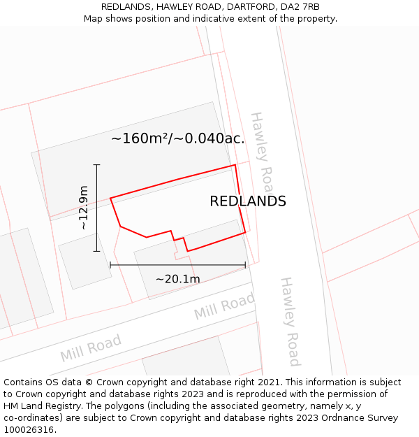 REDLANDS, HAWLEY ROAD, DARTFORD, DA2 7RB: Plot and title map