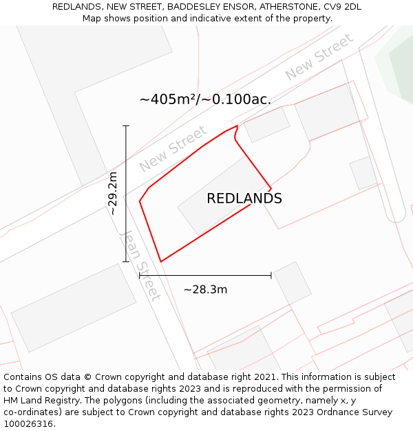 REDLANDS, NEW STREET, BADDESLEY ENSOR, ATHERSTONE, CV9 2DL: Plot and title map
