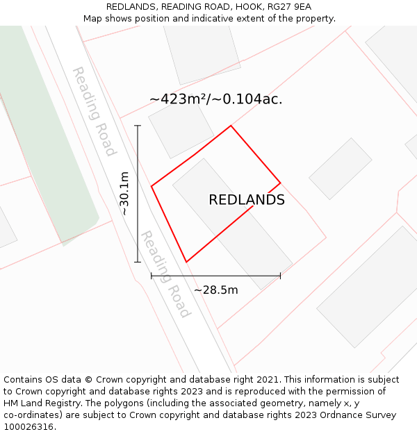 REDLANDS, READING ROAD, HOOK, RG27 9EA: Plot and title map