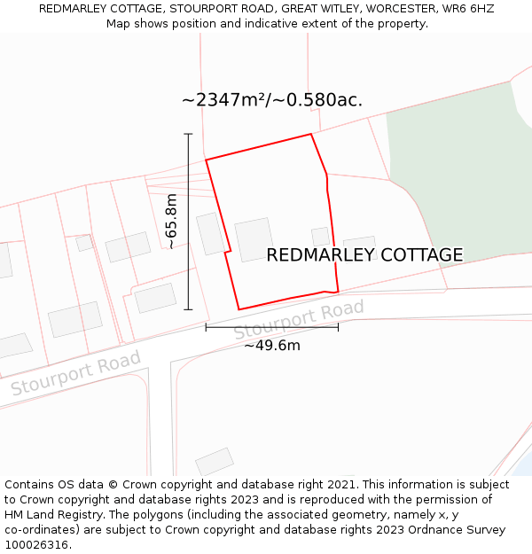 REDMARLEY COTTAGE, STOURPORT ROAD, GREAT WITLEY, WORCESTER, WR6 6HZ: Plot and title map