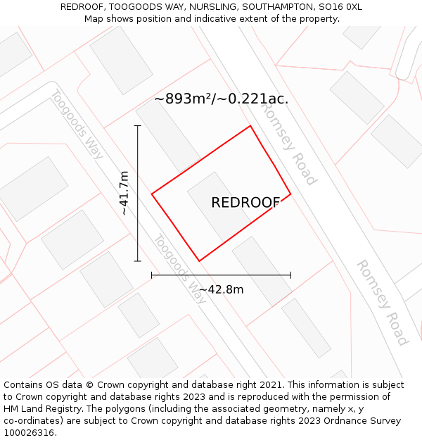 REDROOF, TOOGOODS WAY, NURSLING, SOUTHAMPTON, SO16 0XL: Plot and title map