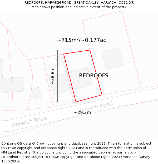 REDROOFS, HARWICH ROAD, GREAT OAKLEY, HARWICH, CO12 5JR: Plot and title map