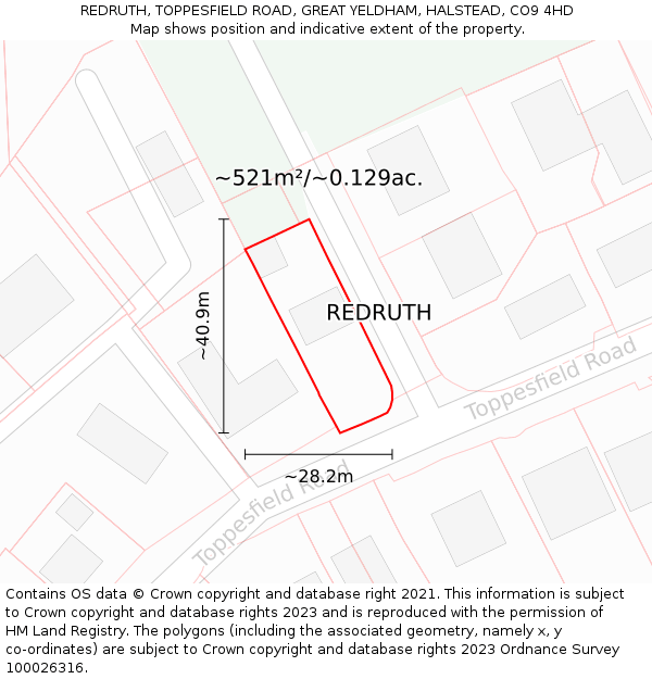 REDRUTH, TOPPESFIELD ROAD, GREAT YELDHAM, HALSTEAD, CO9 4HD: Plot and title map