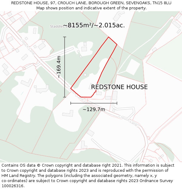 REDSTONE HOUSE, 97, CROUCH LANE, BOROUGH GREEN, SEVENOAKS, TN15 8LU: Plot and title map