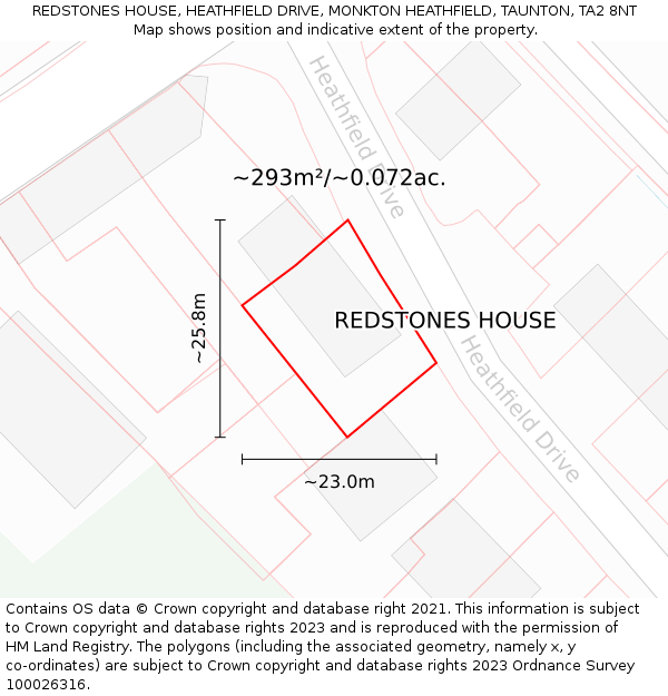 REDSTONES HOUSE, HEATHFIELD DRIVE, MONKTON HEATHFIELD, TAUNTON, TA2 8NT: Plot and title map
