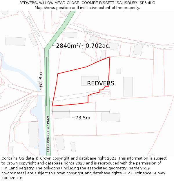 REDVERS, WILLOW MEAD CLOSE, COOMBE BISSETT, SALISBURY, SP5 4LG: Plot and title map