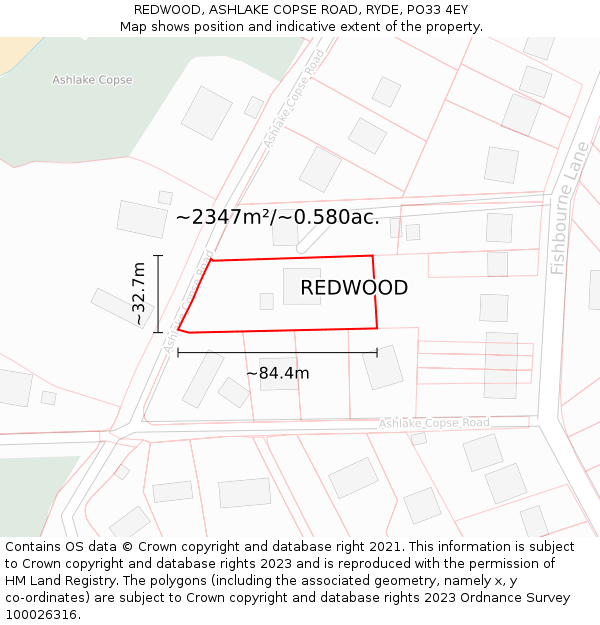 REDWOOD, ASHLAKE COPSE ROAD, RYDE, PO33 4EY: Plot and title map
