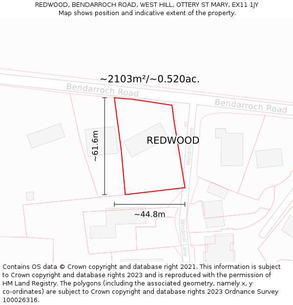 REDWOOD, BENDARROCH ROAD, WEST HILL, OTTERY ST MARY, EX11 1JY: Plot and title map