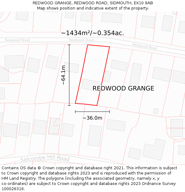 REDWOOD GRANGE, REDWOOD ROAD, SIDMOUTH, EX10 9AB: Plot and title map