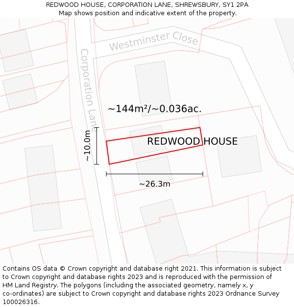 REDWOOD HOUSE, CORPORATION LANE, SHREWSBURY, SY1 2PA: Plot and title map