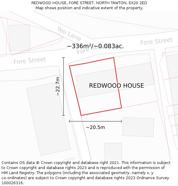 REDWOOD HOUSE, FORE STREET, NORTH TAWTON, EX20 2ED: Plot and title map