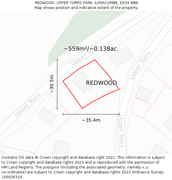 REDWOOD, UPPER TORRS PARK, ILFRACOMBE, EX34 8BB: Plot and title map