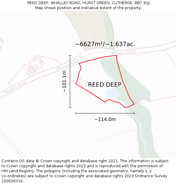 REED DEEP, WHALLEY ROAD, HURST GREEN, CLITHEROE, BB7 9QJ: Plot and title map