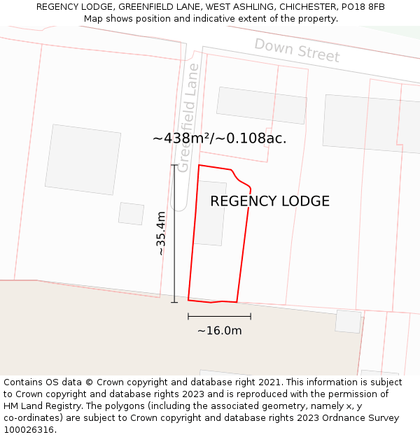 REGENCY LODGE, GREENFIELD LANE, WEST ASHLING, CHICHESTER, PO18 8FB: Plot and title map