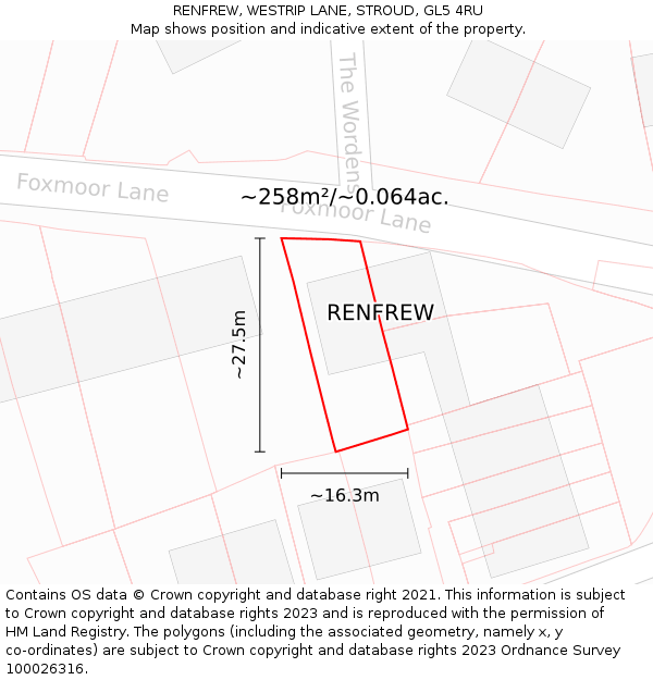 RENFREW, WESTRIP LANE, STROUD, GL5 4RU: Plot and title map