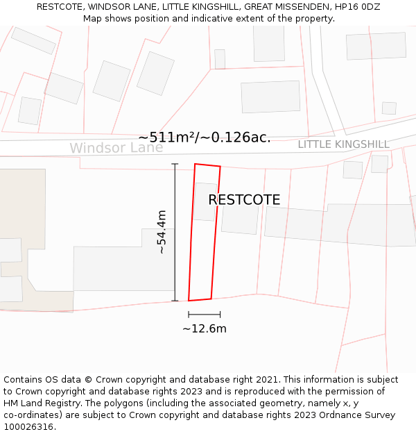 RESTCOTE, WINDSOR LANE, LITTLE KINGSHILL, GREAT MISSENDEN, HP16 0DZ: Plot and title map