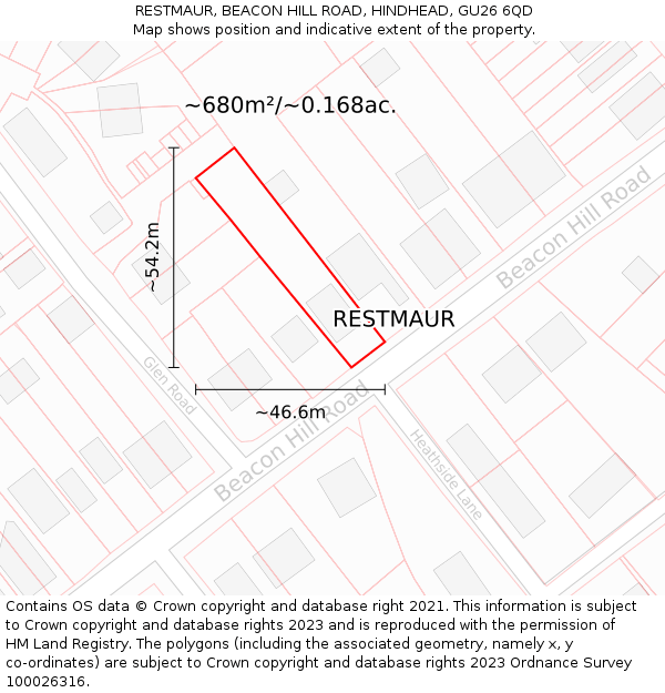 RESTMAUR, BEACON HILL ROAD, HINDHEAD, GU26 6QD: Plot and title map