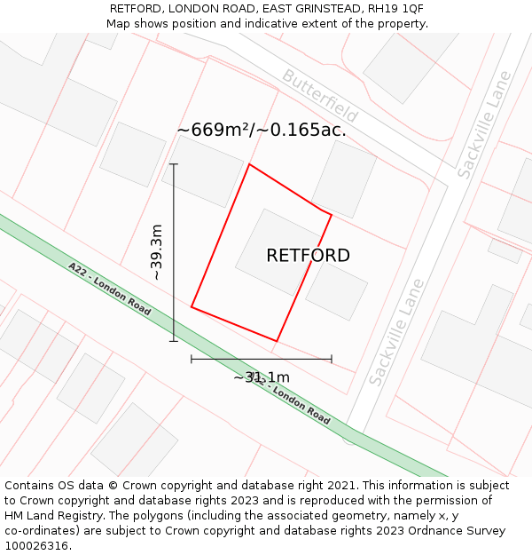 RETFORD, LONDON ROAD, EAST GRINSTEAD, RH19 1QF: Plot and title map