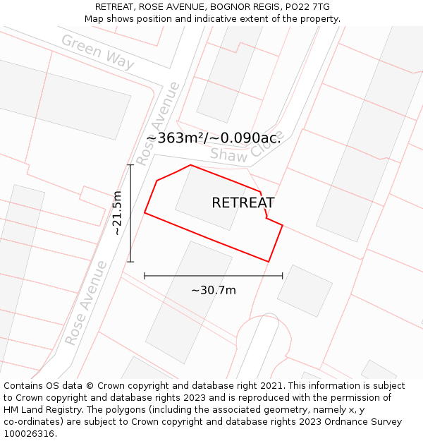 RETREAT, ROSE AVENUE, BOGNOR REGIS, PO22 7TG: Plot and title map