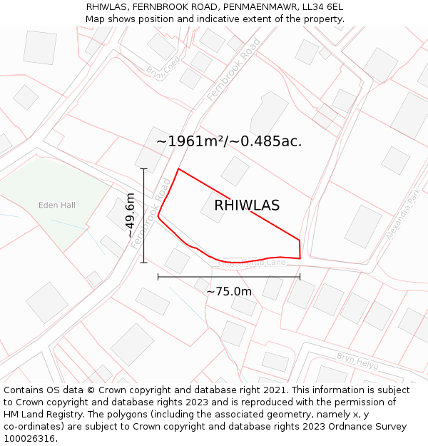 RHIWLAS, FERNBROOK ROAD, PENMAENMAWR, LL34 6EL: Plot and title map