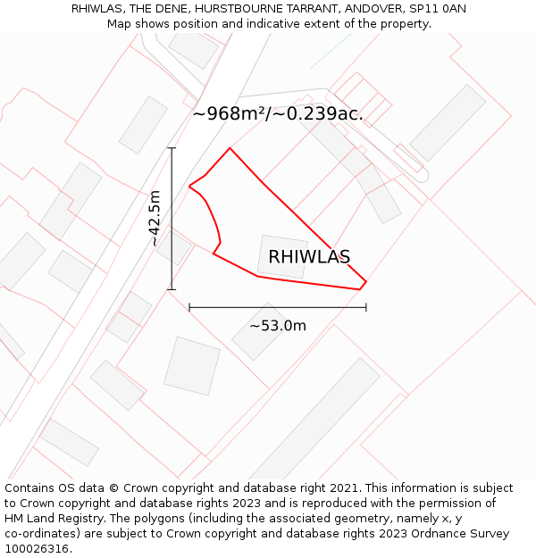 RHIWLAS, THE DENE, HURSTBOURNE TARRANT, ANDOVER, SP11 0AN: Plot and title map