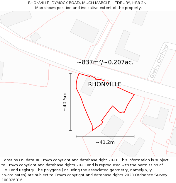 RHONVILLE, DYMOCK ROAD, MUCH MARCLE, LEDBURY, HR8 2NL: Plot and title map