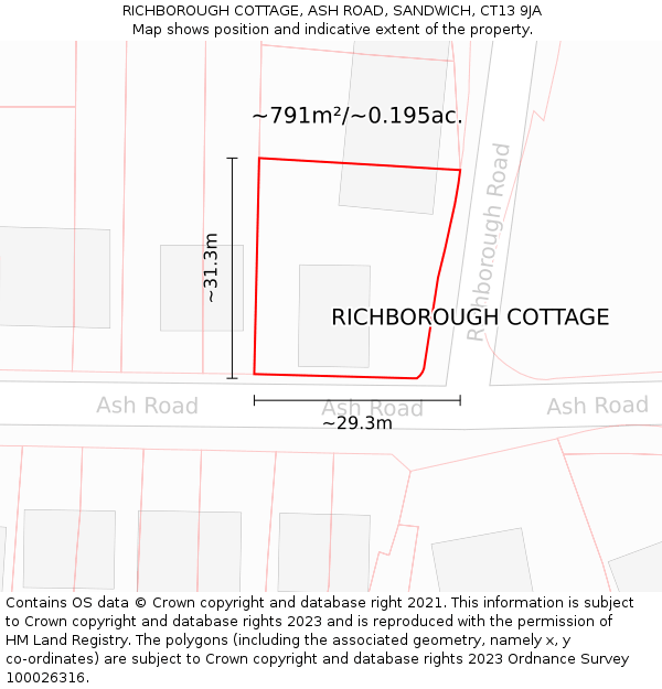 RICHBOROUGH COTTAGE, ASH ROAD, SANDWICH, CT13 9JA: Plot and title map
