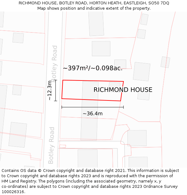 RICHMOND HOUSE, BOTLEY ROAD, HORTON HEATH, EASTLEIGH, SO50 7DQ: Plot and title map