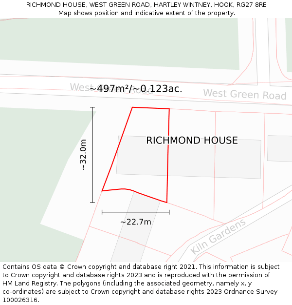 RICHMOND HOUSE, WEST GREEN ROAD, HARTLEY WINTNEY, HOOK, RG27 8RE: Plot and title map