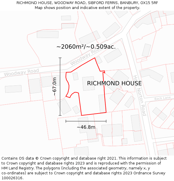 RICHMOND HOUSE, WOODWAY ROAD, SIBFORD FERRIS, BANBURY, OX15 5RF: Plot and title map