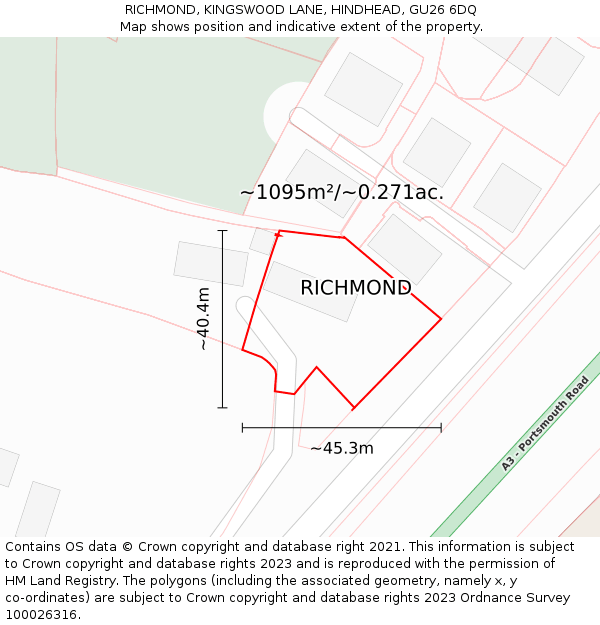 RICHMOND, KINGSWOOD LANE, HINDHEAD, GU26 6DQ: Plot and title map