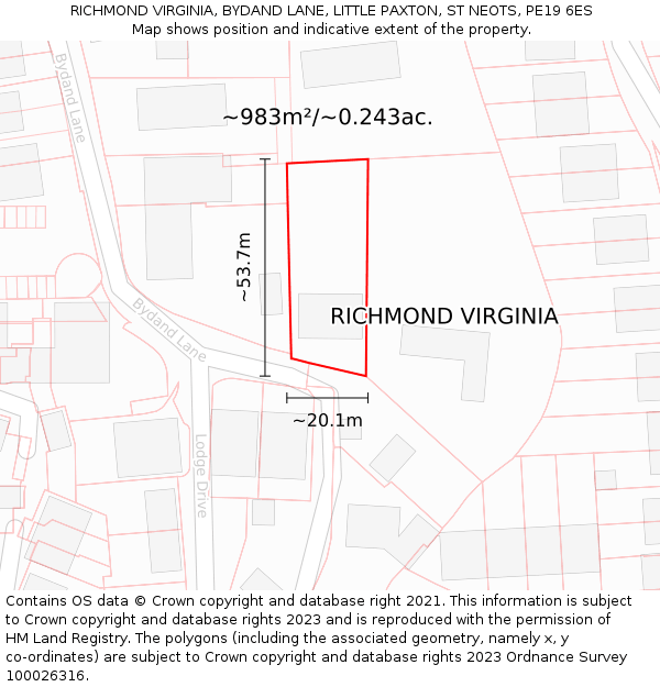 RICHMOND VIRGINIA, BYDAND LANE, LITTLE PAXTON, ST NEOTS, PE19 6ES: Plot and title map