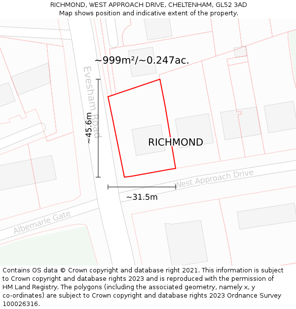 RICHMOND, WEST APPROACH DRIVE, CHELTENHAM, GL52 3AD: Plot and title map